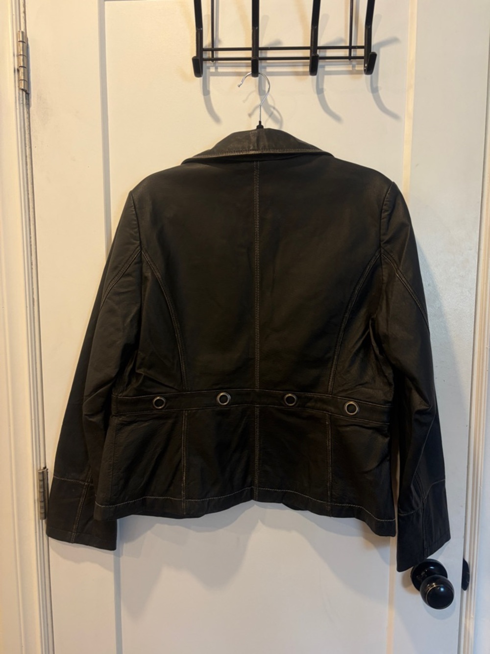 Women's Black Leather Button-Front Blazer - Picture 6 of 16